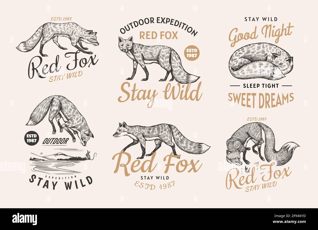 Red fox badges set. Forest ginger wild animal label or logo