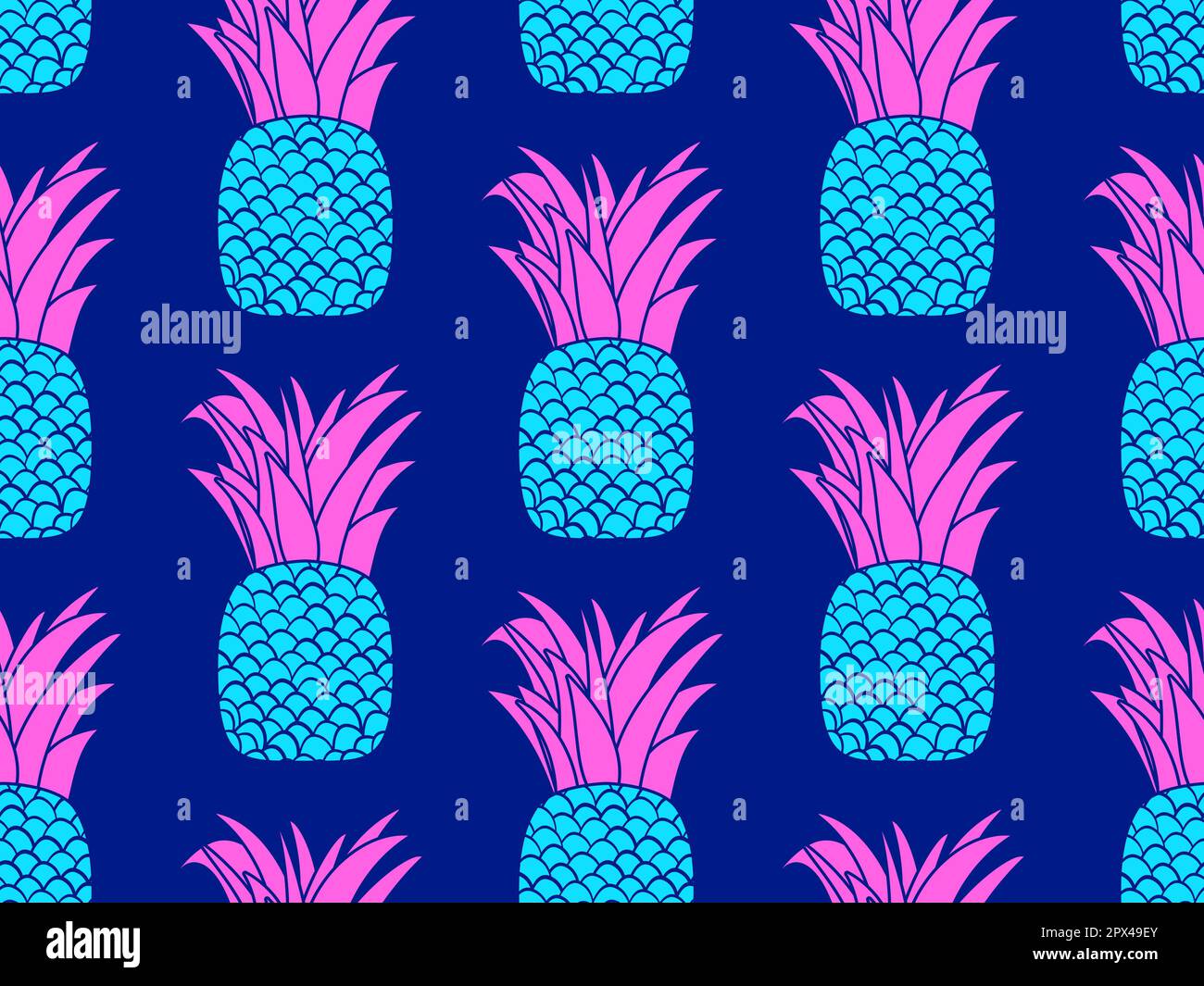 Pineapple seamless pattern. Purple pineapples 80s style. Summer fruit