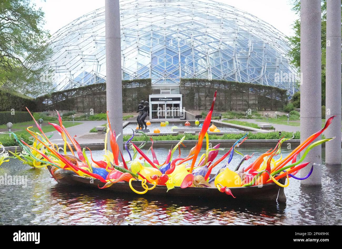 St. Louis, United States. 01st May, 2023. The Chihuly Fiori Boat floats in the Central Axis near the Climatron at the Missouri Botanical Gardens in St. Louis on Monday, May 1, 2023. The blown glass forms of artist Dale Chihuly will be on display at the Botanical Gardens from May 2, 2023 through October 15, 2023. Photo by Bill Greenblatt/UPI Credit: UPI/Alamy Live News Stock Photo