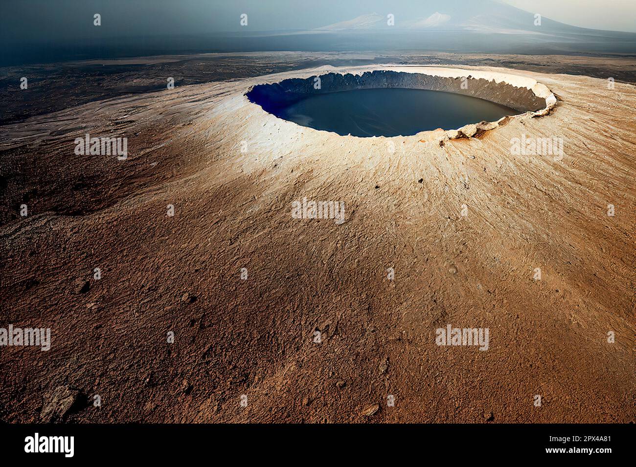Large Impact Crater Filled with Water on a Barren Landscape Stock Photo