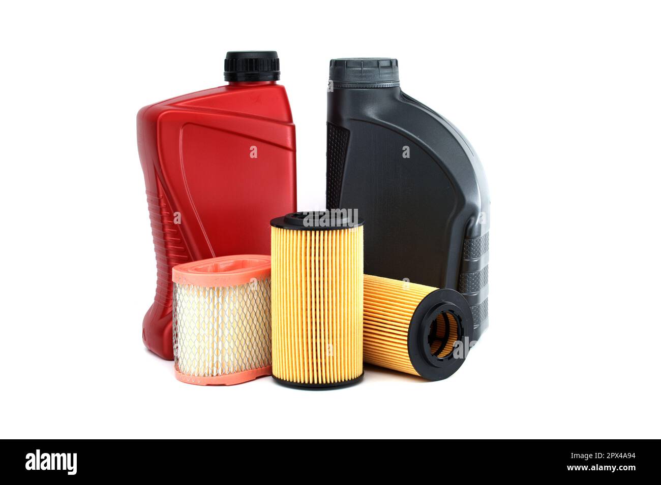 Motor oil filters elements oil and containers isolated on a white