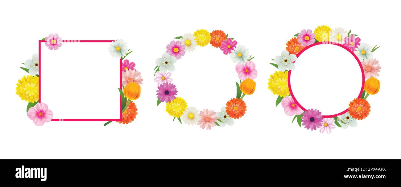 Hello spring circle frame greeting card and flowers decoration. Stock Vector