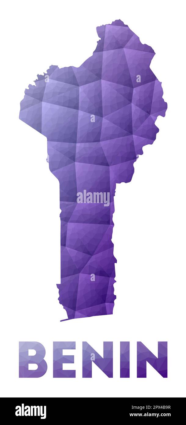 Map of Benin. Low poly illustration of the country. Purple geometric design. Polygonal vector illustration. Stock Vector
