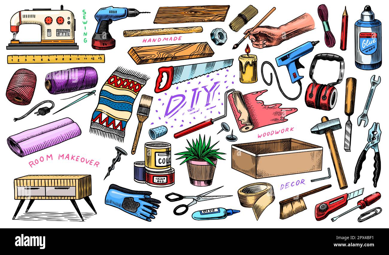 DIY icons. Hardware Shop concept. Glue, wood planks, sewing machine