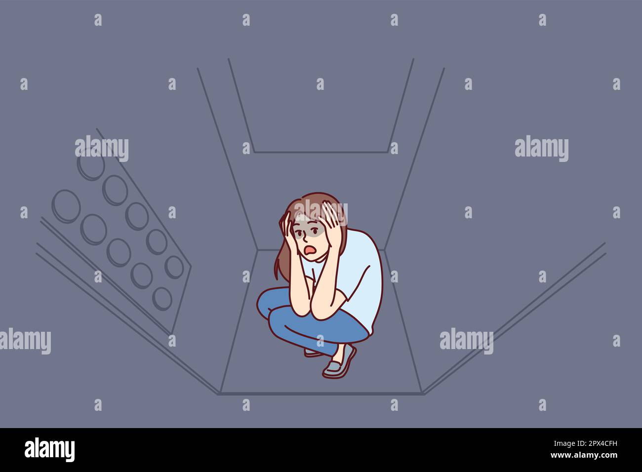 Woman stuck in elevator is claustrophobia and panic attack due to phobia of enclosed spaces. Young girl rides in moving elevator in need of psychological help to treat claustrophobia Stock Vector