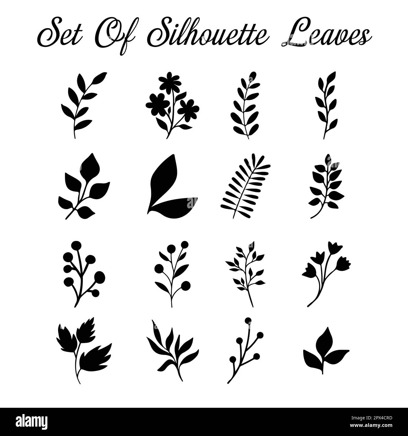 Title Set of tree branches, eucalyptus, palm leaves, herbs and flowers silhouettes Stock Vector