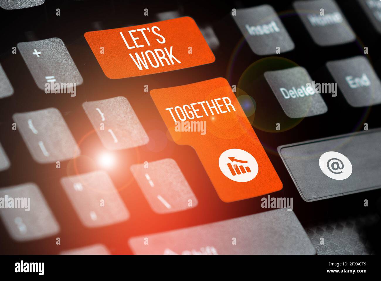 Writing displaying text Let's Work Together, Word for Unite and Join