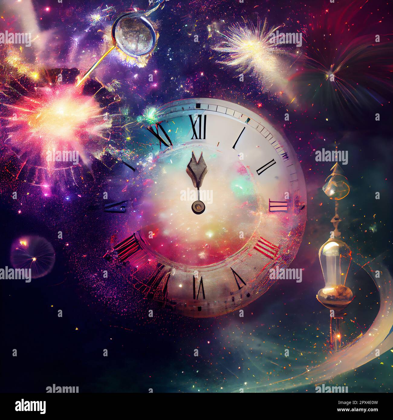 Old clock at twelve o'clock with fireworks, 3D illustration Stock Photo