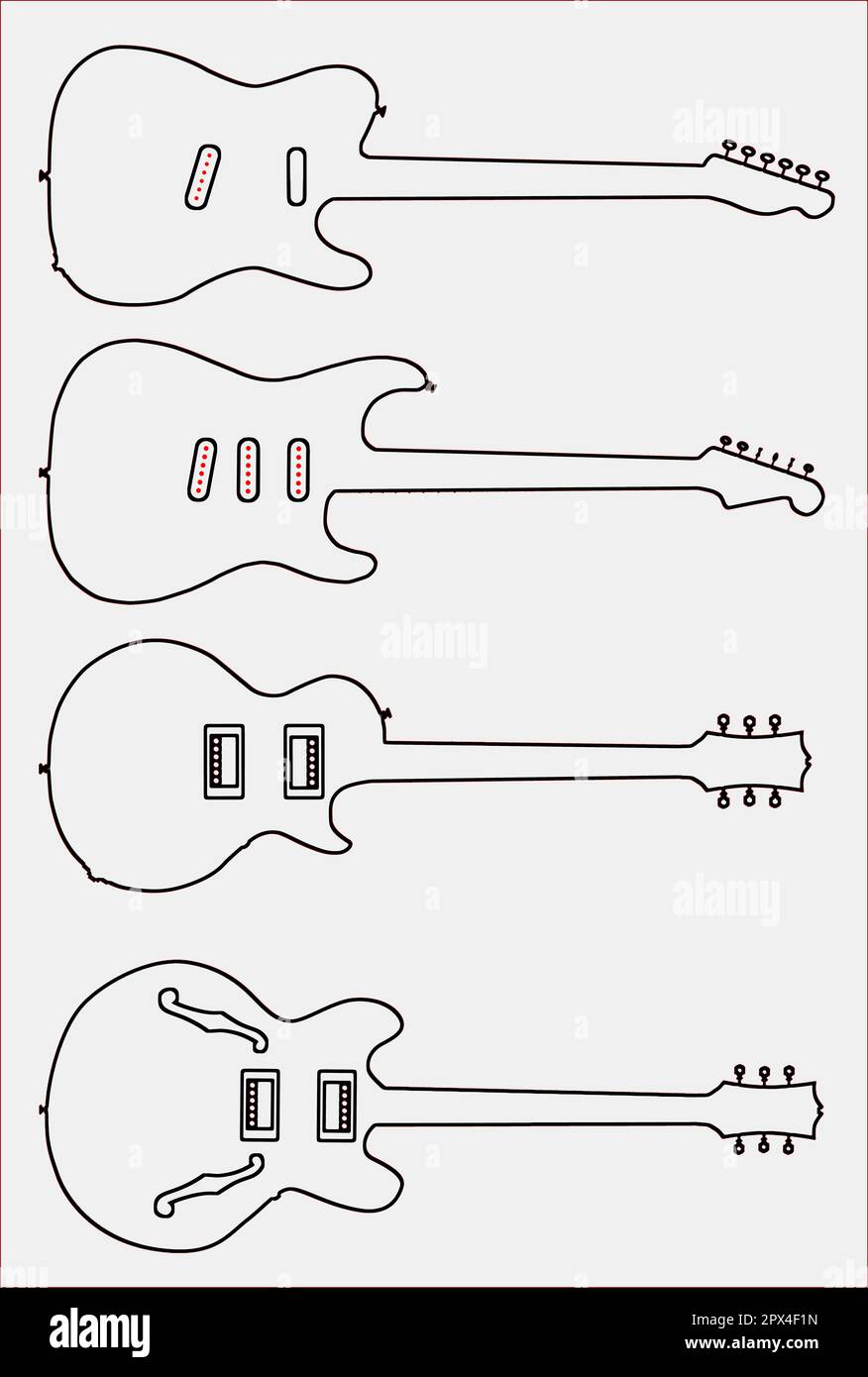 A collection of modern electric guitar shapes in outline on white Stock