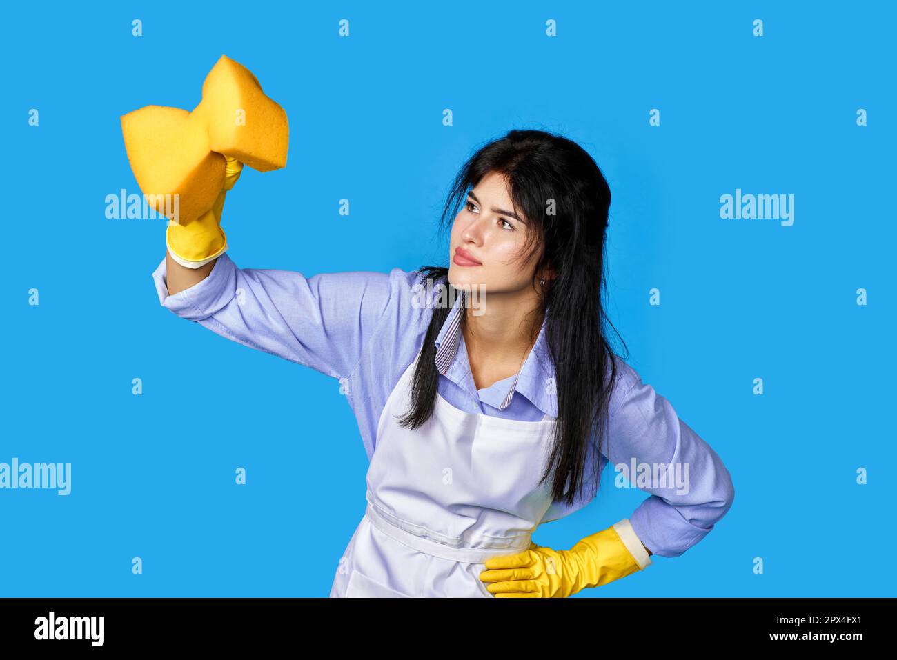 https://c8.alamy.com/comp/2PX4FX1/diligent-woman-in-rubber-gloves-and-cleaner-apron-cleaning-with-yellow-sponge-on-blue-background-2PX4FX1.jpg