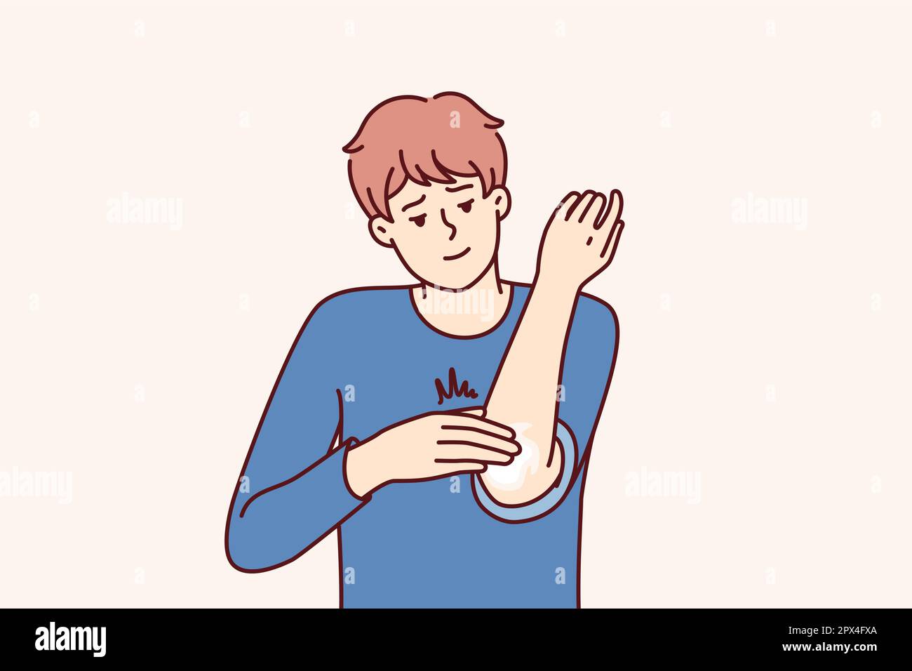 Man smears elbow with healing ointment after bruise or skin problems