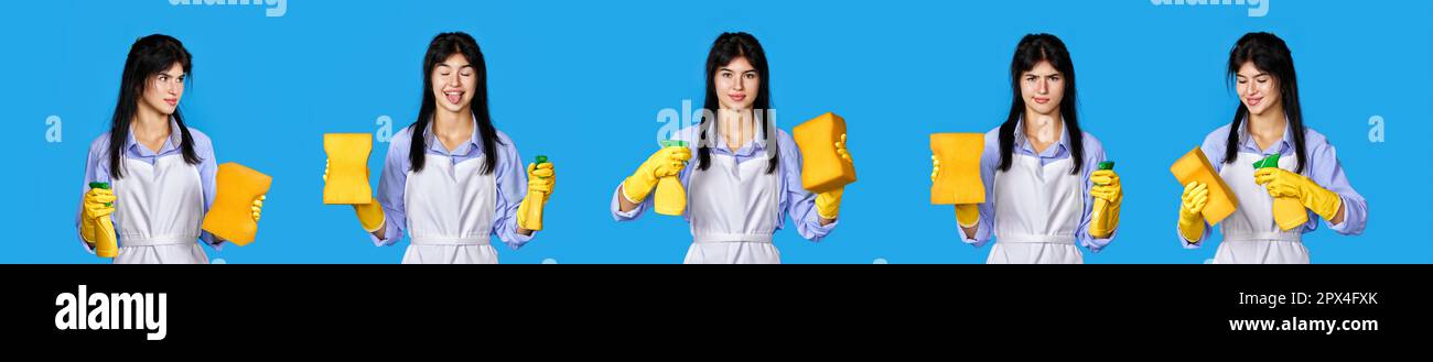 set of caucasian woman in yellow rubber gloves and cleaner apron ...