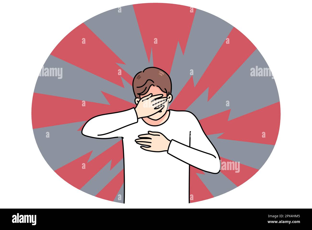 Unhappy young man cover eyes suffer from panic attack or anxiety need