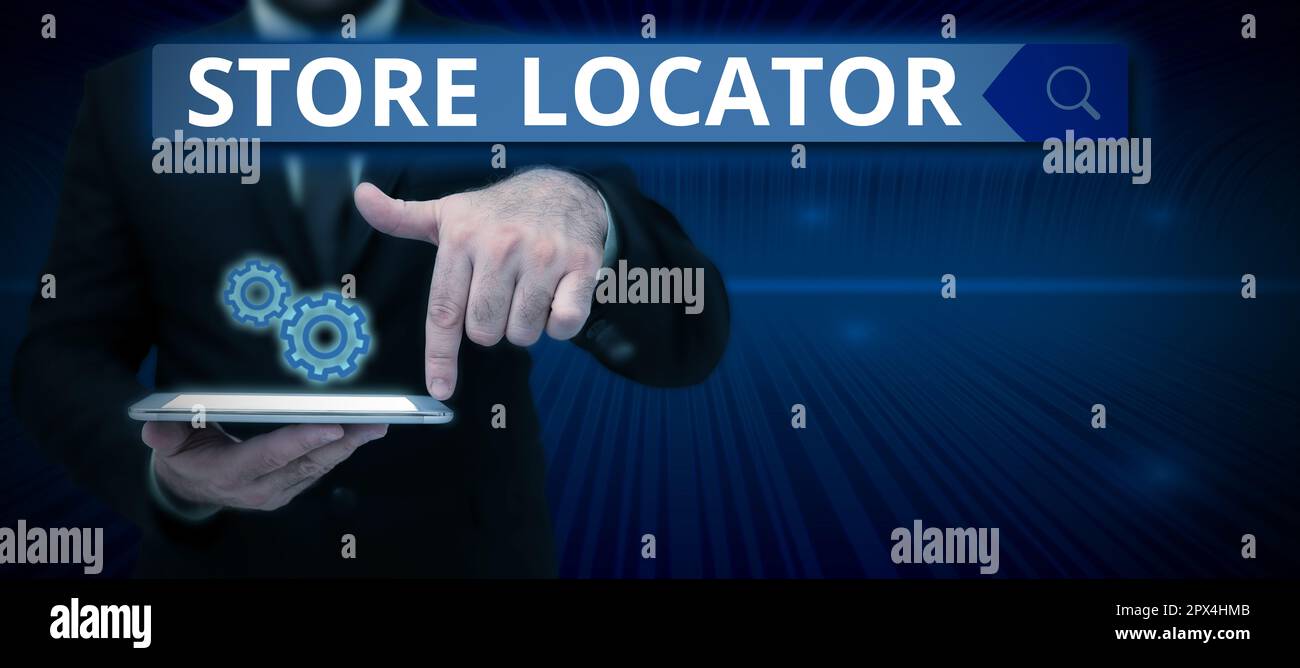 Hand writing sign Store Locator, Word for to know the address contact ...