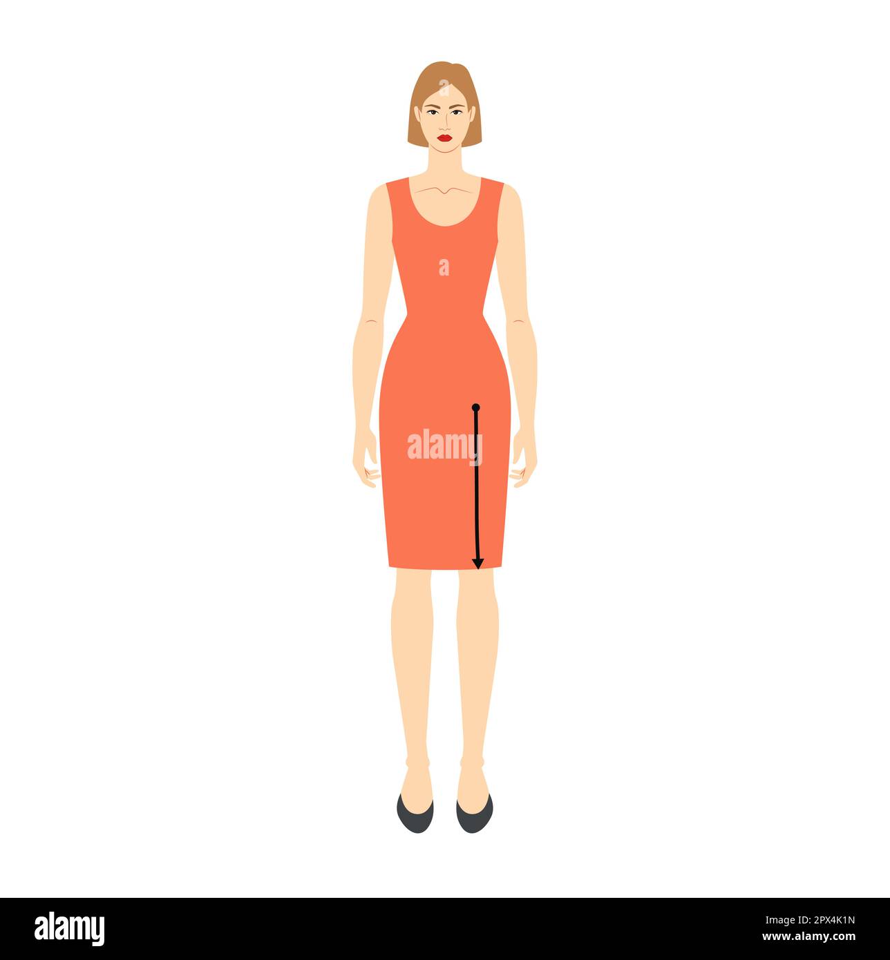 Women to do crotch to knee measurement body with arrows fashion Illustration for size chart. Flat female character front 8 head size girl in red dress. Human lady infographic template for clothes Stock Vector