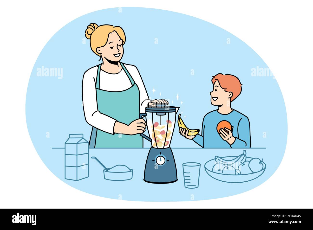 Smiling mother and small son make healthy fruit smoothie in blender at