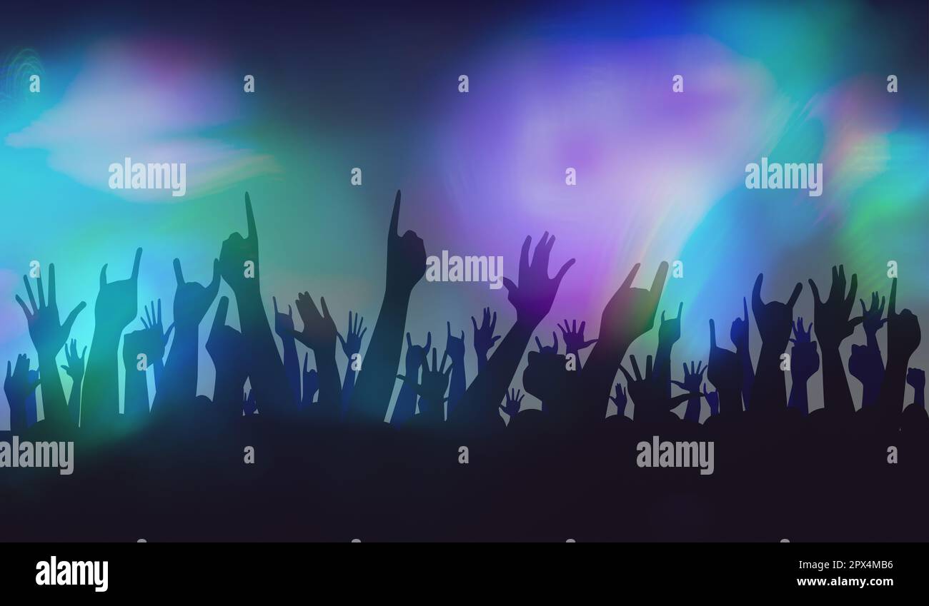 Hands raised in the air at a concert with bright lights Stock Photo - Alamy