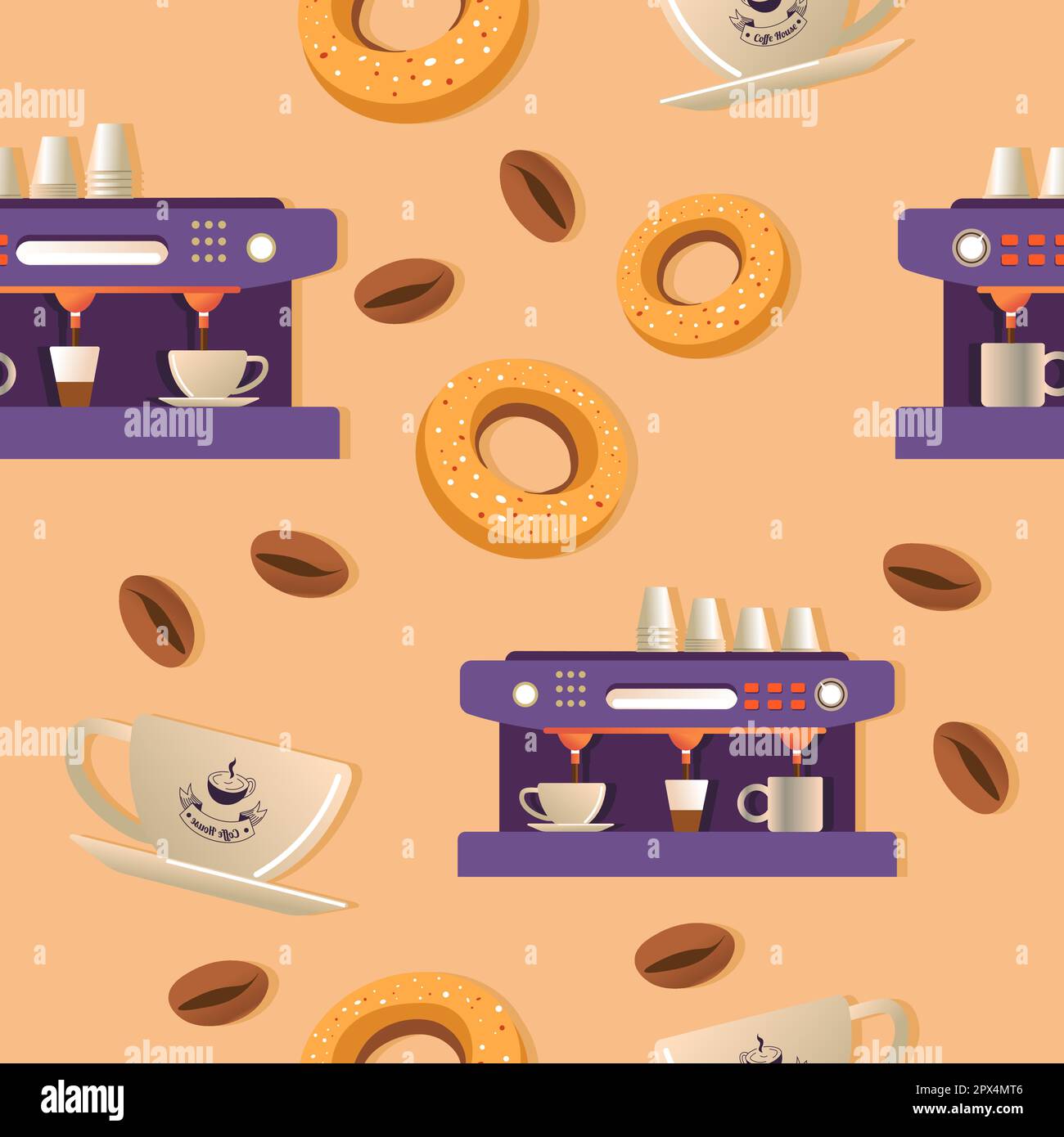 Coffee shop drink and desserts seamless pattern Stock Vector