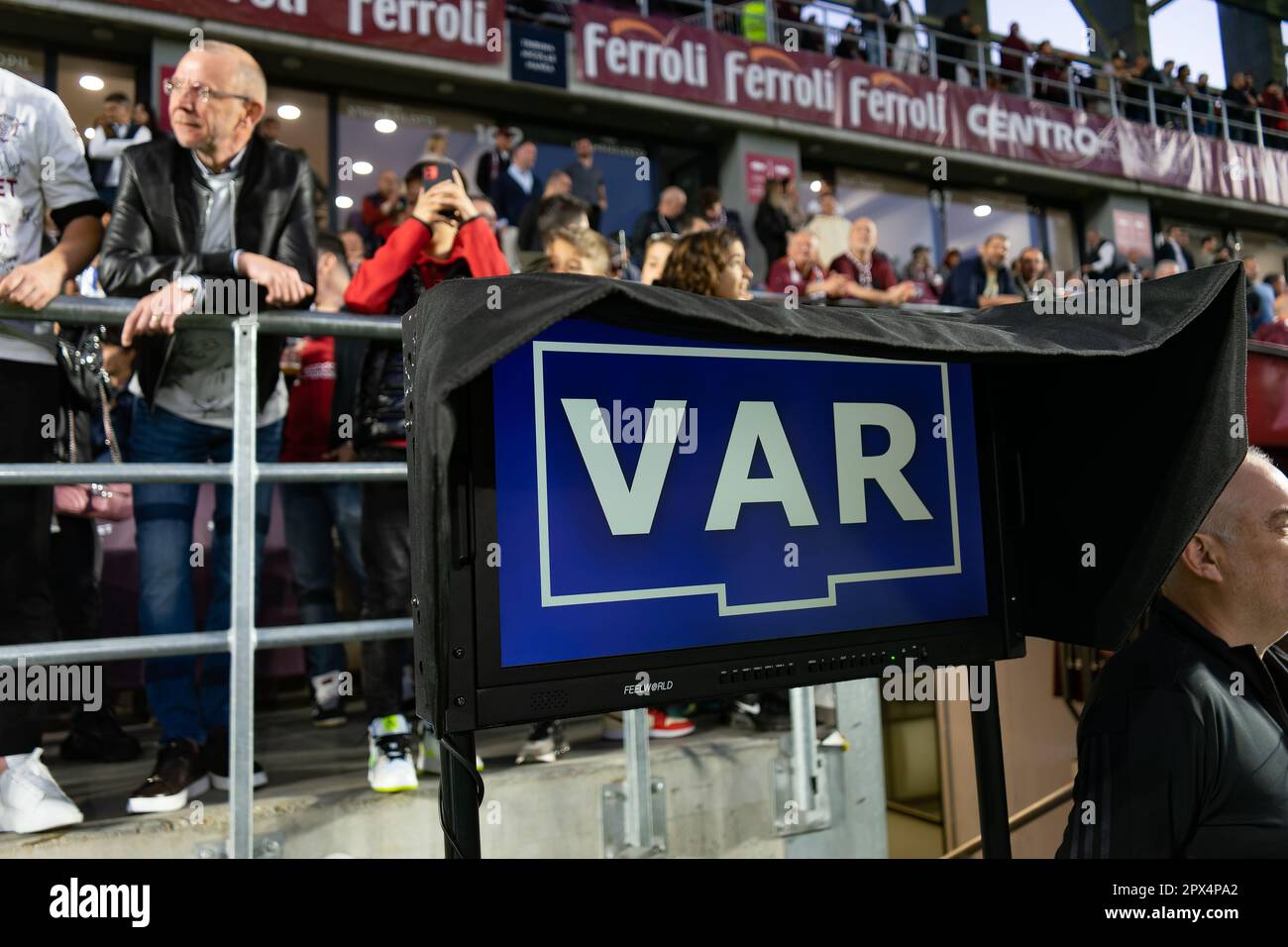 Bucharest, Romania. 1st May, 2023: The video assistant referee (VAR) during the football match between Rapid Bucharest and CFR Cluj in the 6th round, 'Superliga' play-off, the first league of the Romanian 2022-2023 championship, at the Giulesti Stadium, in Bucharest. Credit: Lucian Alecu/Alamy Live News Stock Photo