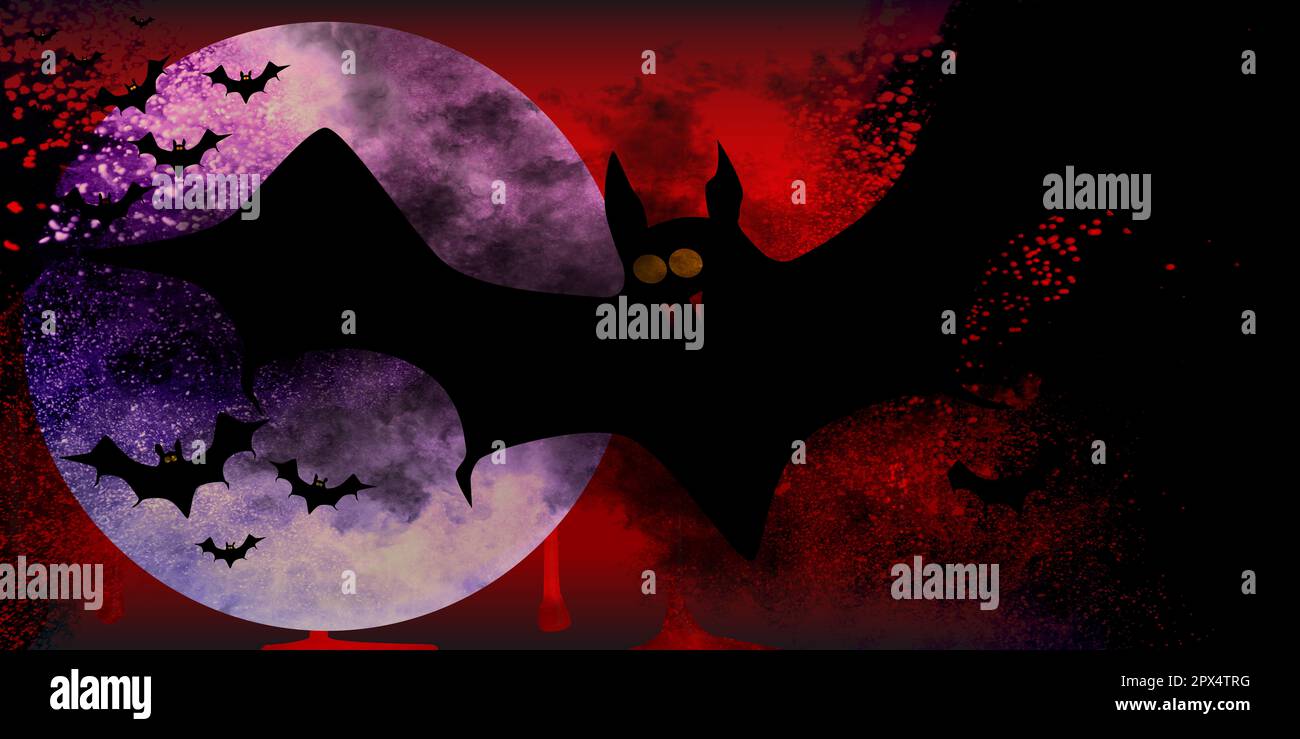 Vampire bats flying in formation across the full moon against a blood