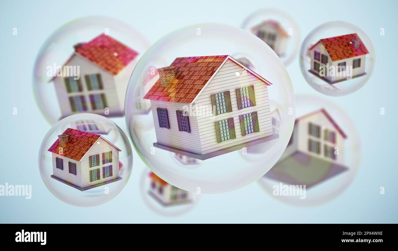 Houses inside floating bubbles. Real estate bubble concept. 3D