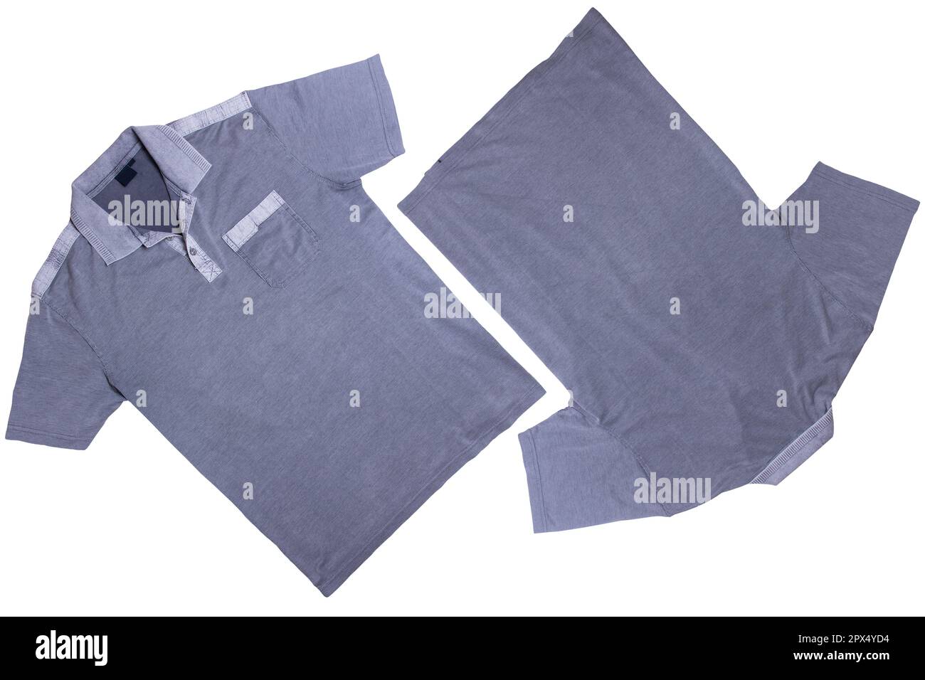Denim shirts isolated. Close-up of a stylish striped blue jeans shirt for mens isolated on a white background. Summer fashion. Stock Photo