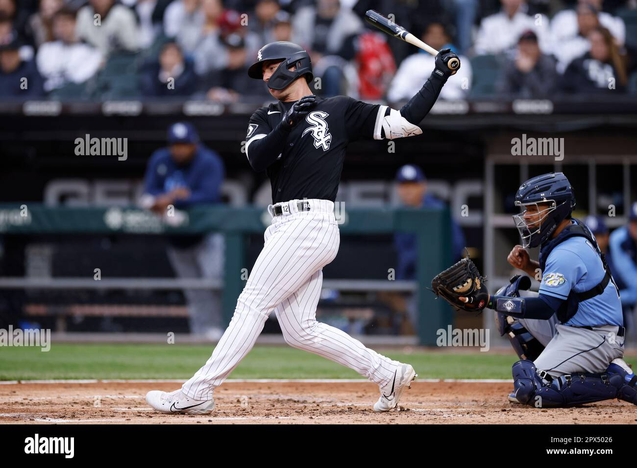 CHICAGO, IL - APRIL 29: Chicago White Sox second baseman Romy Gonzalez (12)  bats during an MLB game against the Tampa Bay Rays on April 29, 2023 at  Guaranteed Rate Field in
