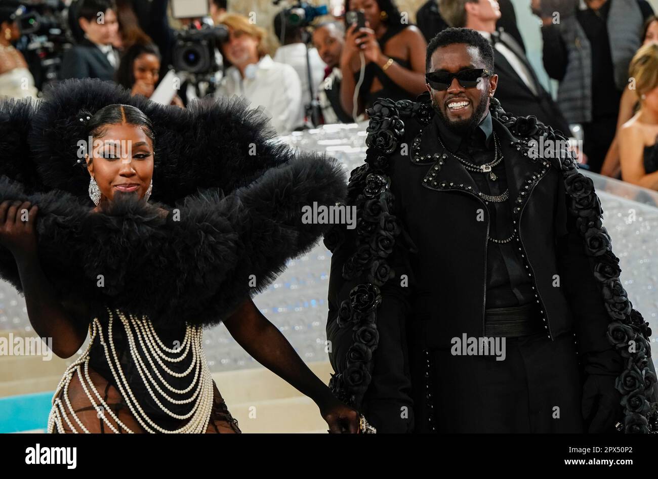 New York, USA. 01st May, 2023. Yung Miami, Sean P Diddy Combs on the red carpet during The 2023 Met Gala honoring Karl Lagerfeld, A Line of Beauty, held at the Metropolitan Museum of Art in New York, USA, Monday May 1, 2023. Credit: Jennifer Graylock/Alamy Live News Stock Photo