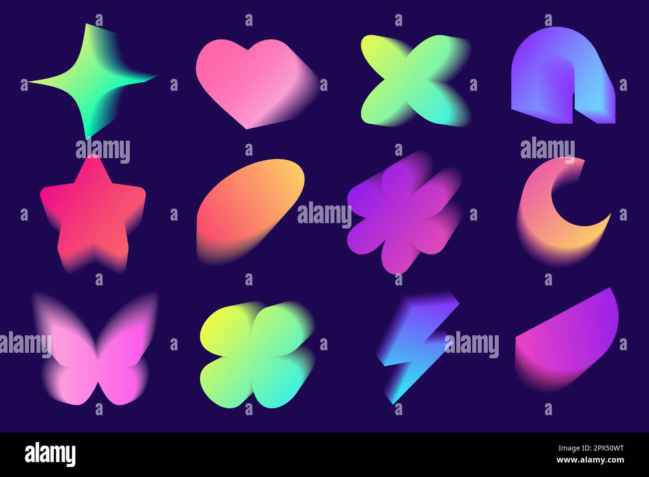 aesthetic y2k aura elements set. flower, blob, heart, butterfly