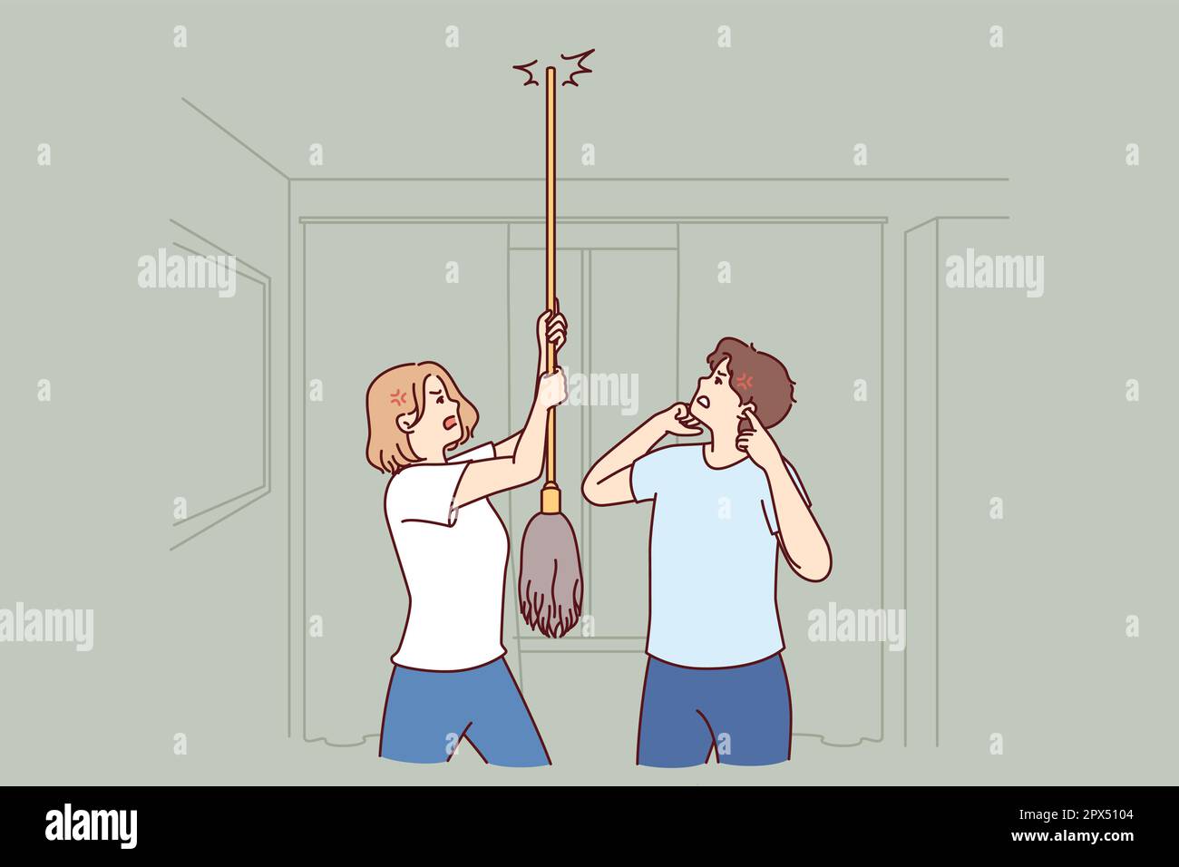 Young couple bangs on ceiling with mop urging neighbors to stop party or turn off loud music. Angry men and women use mop suffer from noisy neighbors not respecting rules of living together Stock Vector