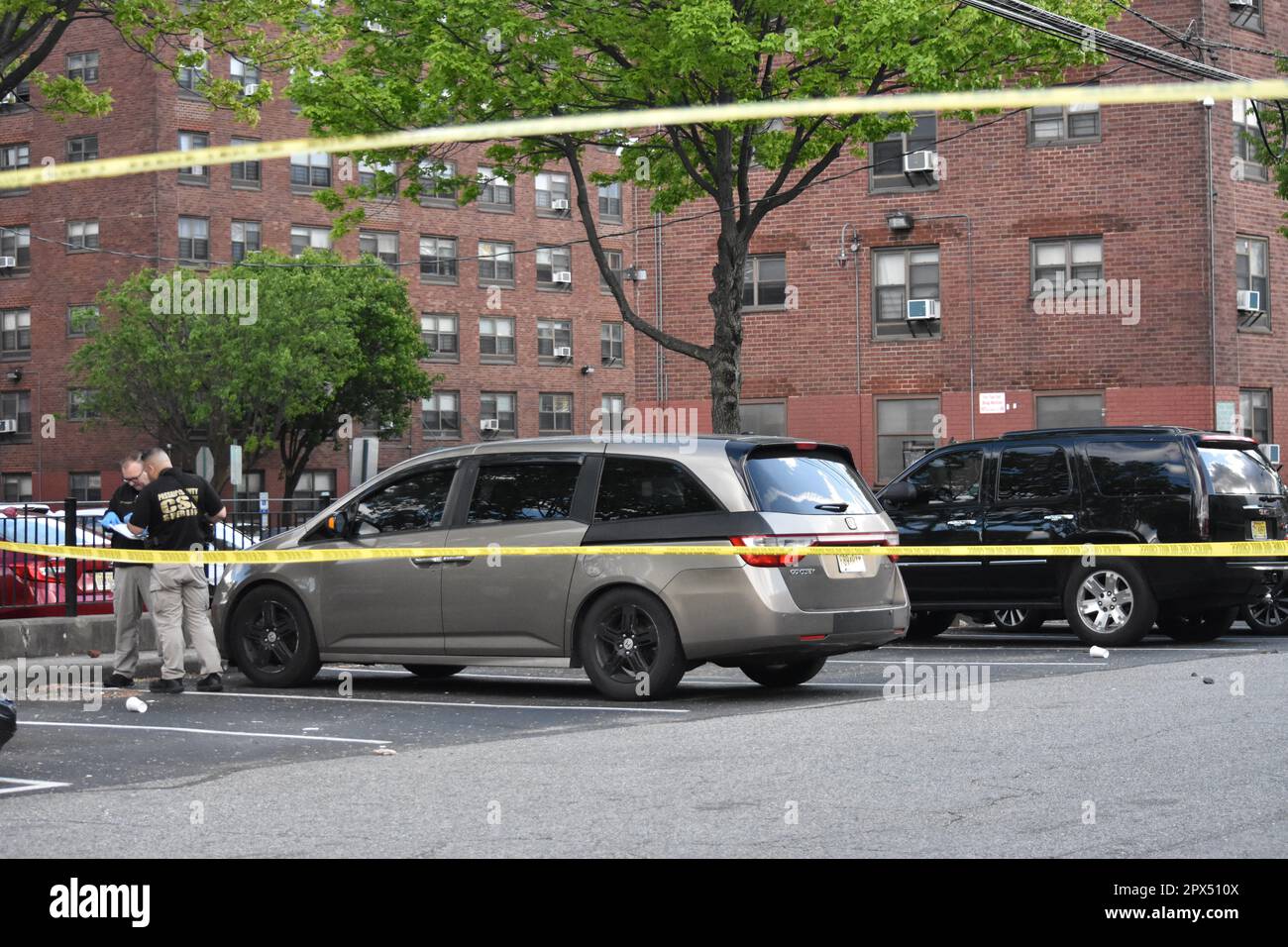 Passaic, United States. 01st May, 2023. Investigators look over evidence at the crime scene. A