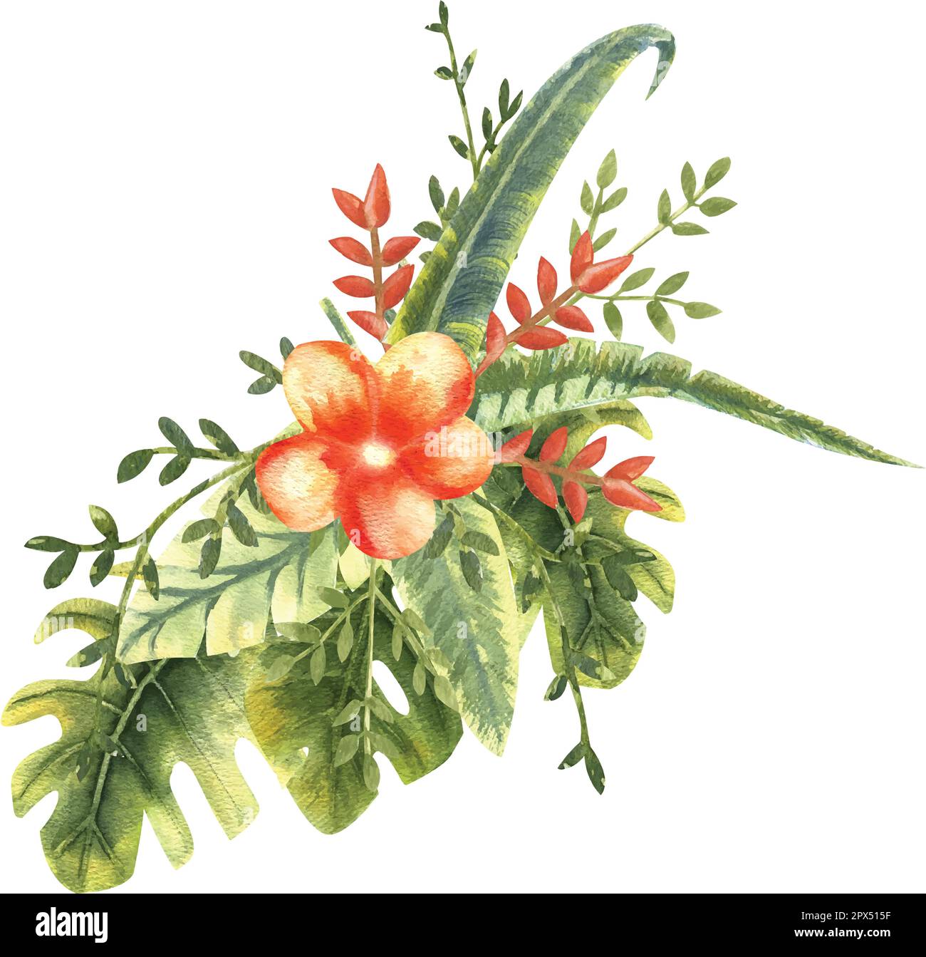 Bouquet of tropical flowers and leaves in watercolor. Vector ...