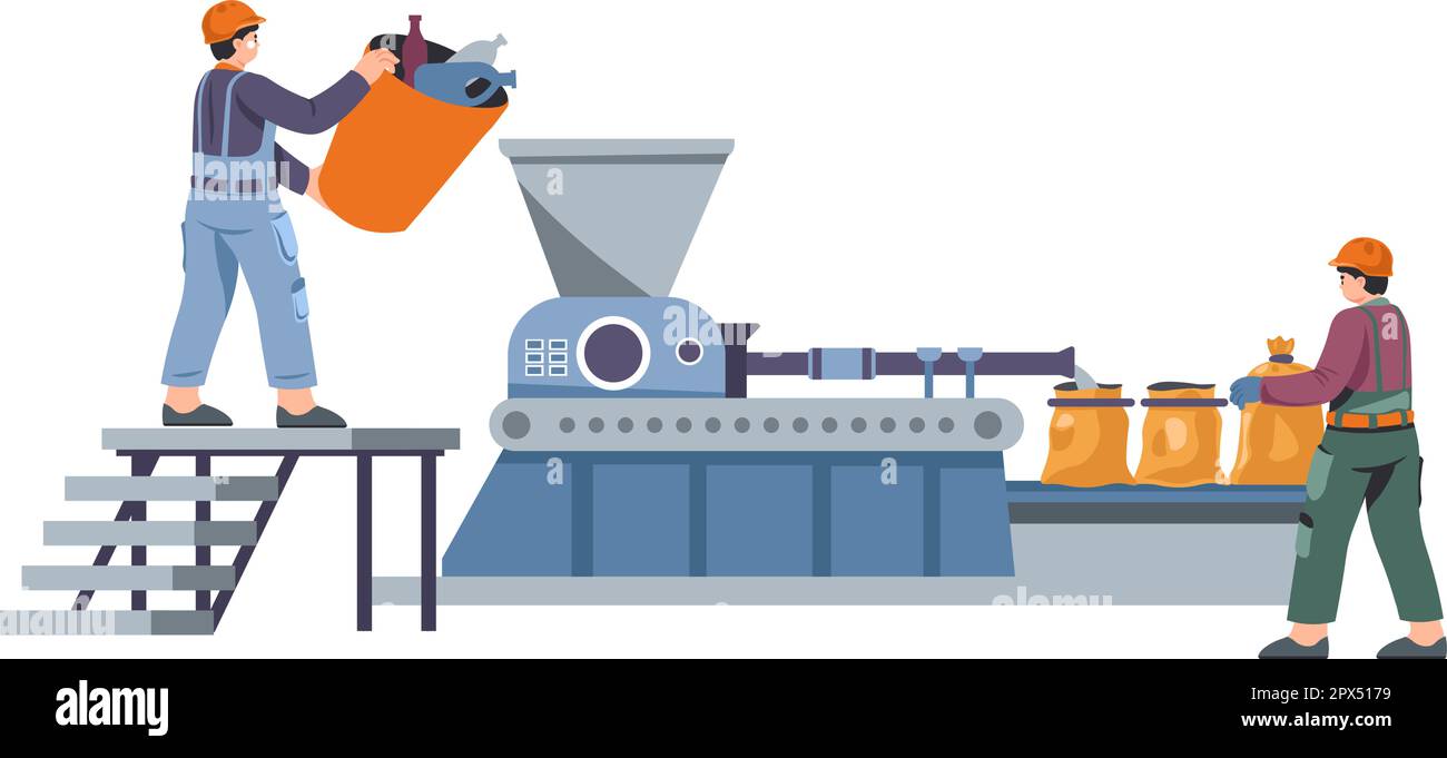 Recycling facility, workers loading machine vector Stock Vector