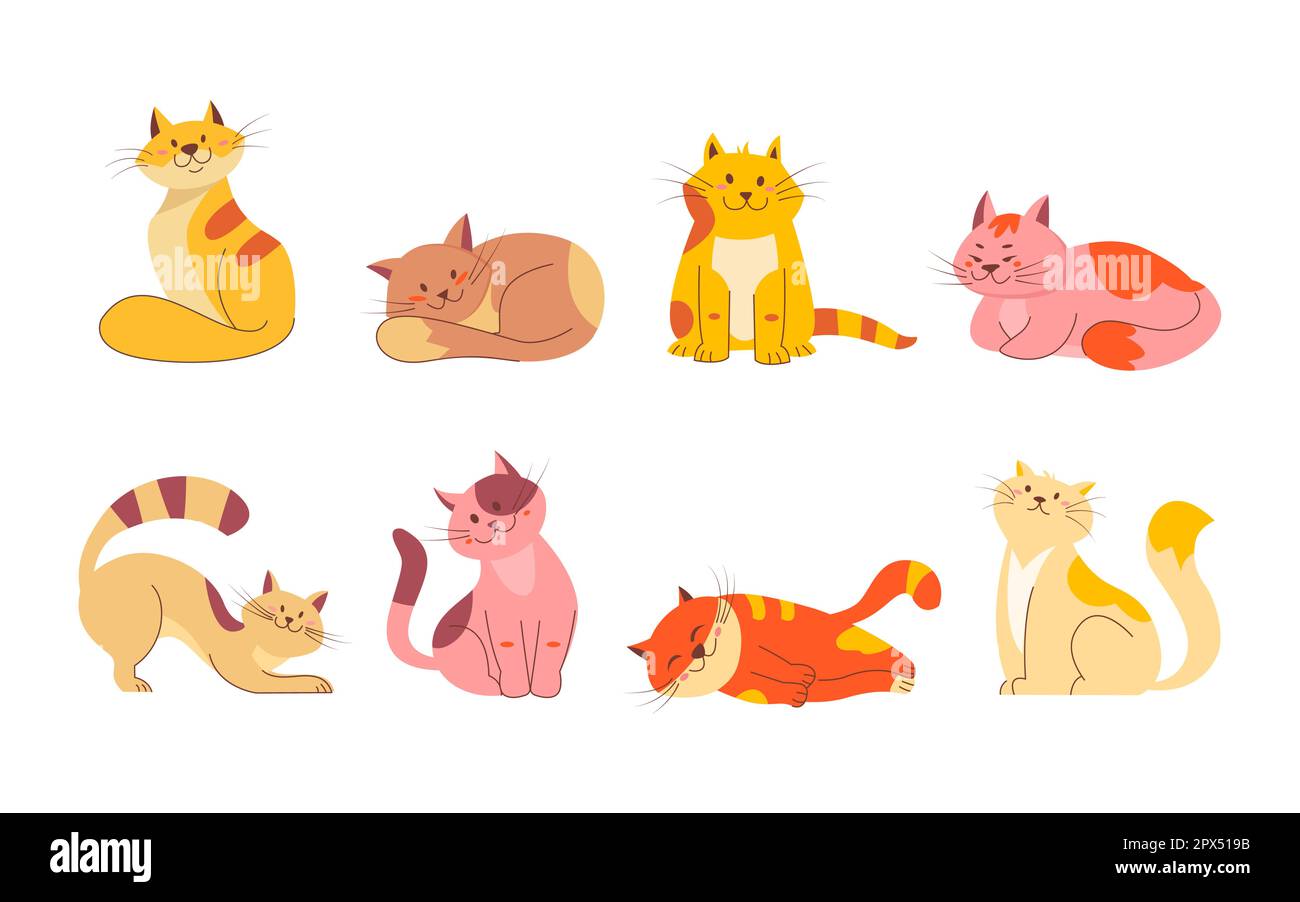 Cute smile cats doodle set. Cartoon design collection of cat breeds in different poses. Funny kittens sleeping, stretching, sitting, relaxing. Pet ani Stock Vector