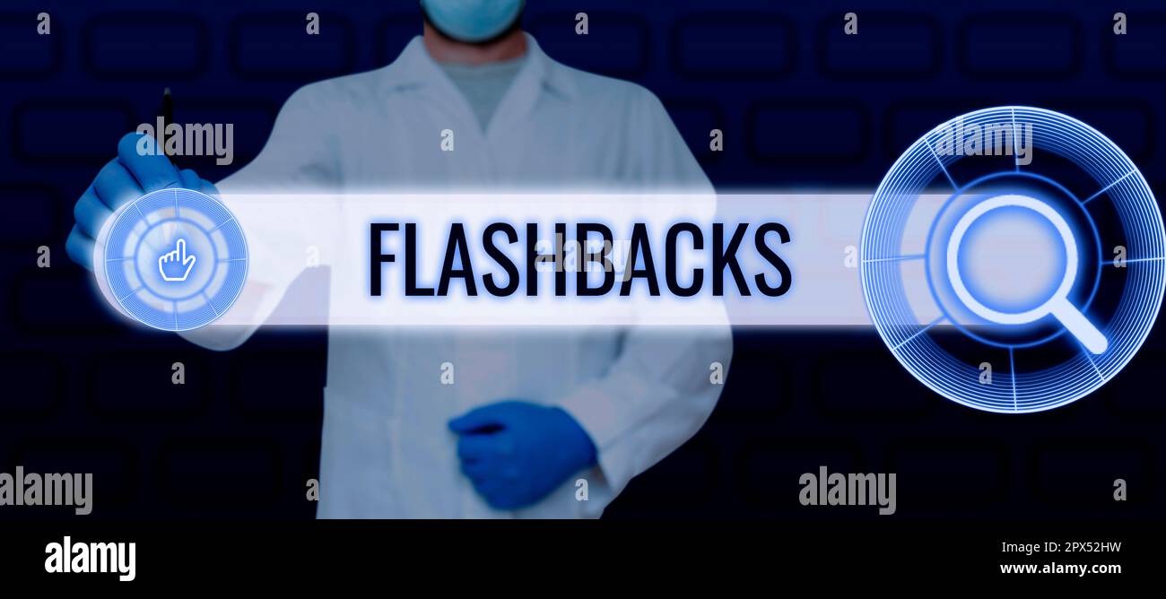 Text caption presenting Flashbacks, Conceptual photo interruption of ...