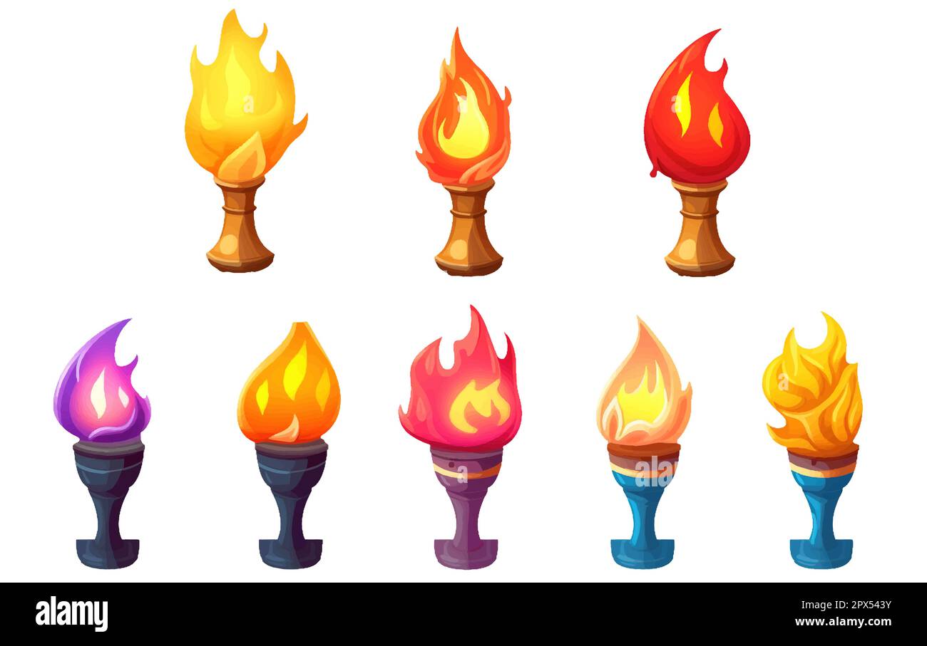 ui set vector illustration of torches with burning fire isolate on white background Stock Vector