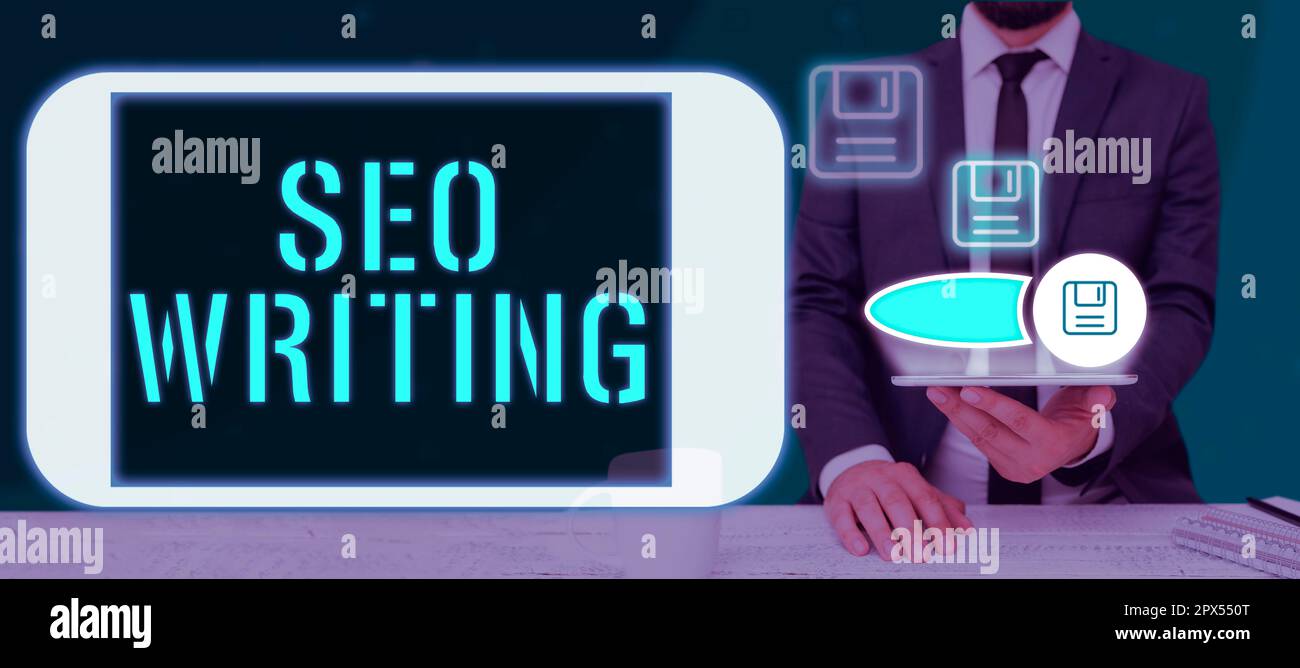 Text showing inspiration Seo Writing, Word for grabbing the attention of the search engines using specific word Stock Photo