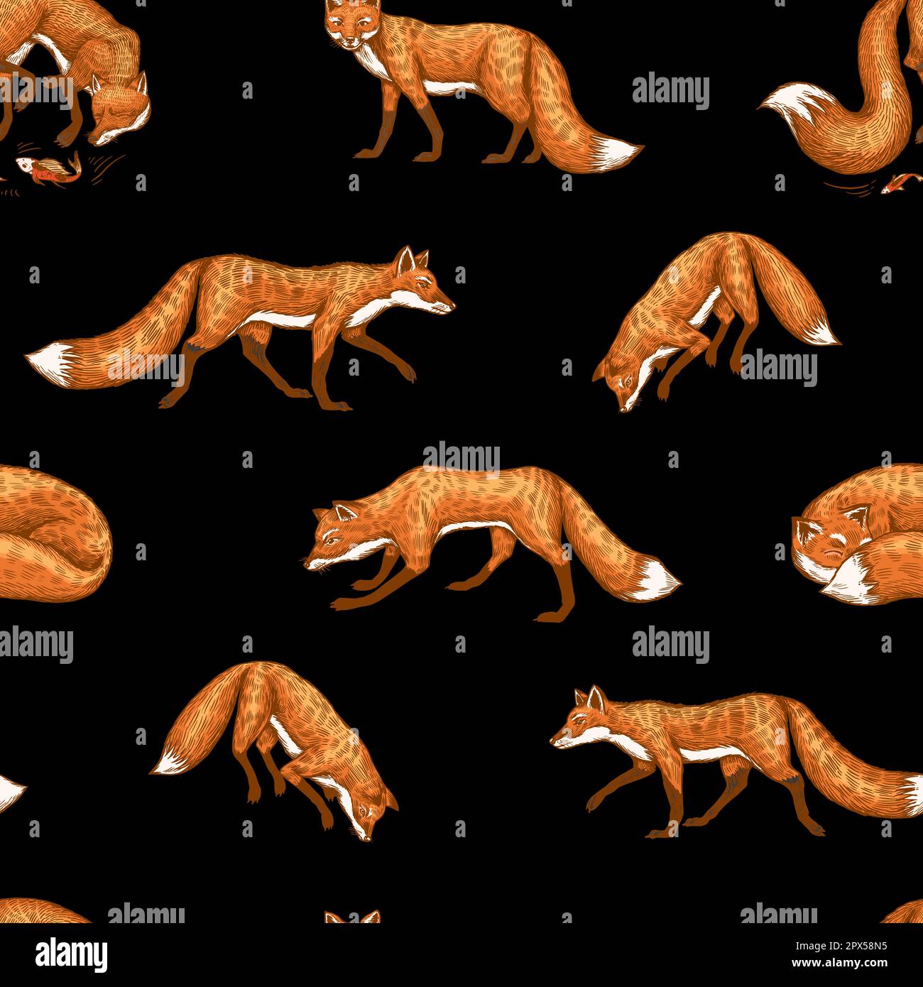 Wild red fox seamless pattern. Forest ginger animal flying and jumping ...