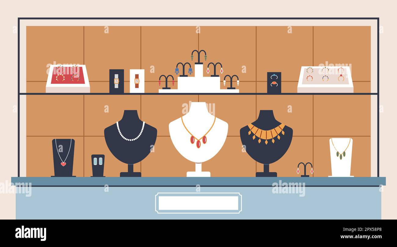 Jewelry shop showcase. Modern glamor accessories behind glass, precious models presentation, necklaces and earrings, rings on stands, cartoon flat Stock Vector