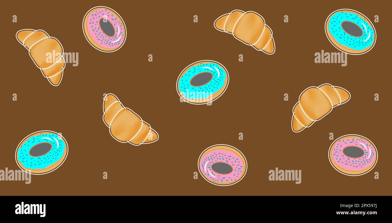 seamless pattern with croissants and donuts on chocolate background Vector EPS10 Stock Vector