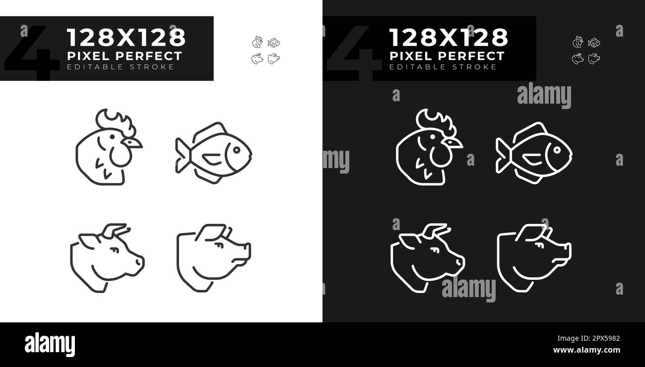 Meat and fish products pixel perfect linear icons set for dark, light ...