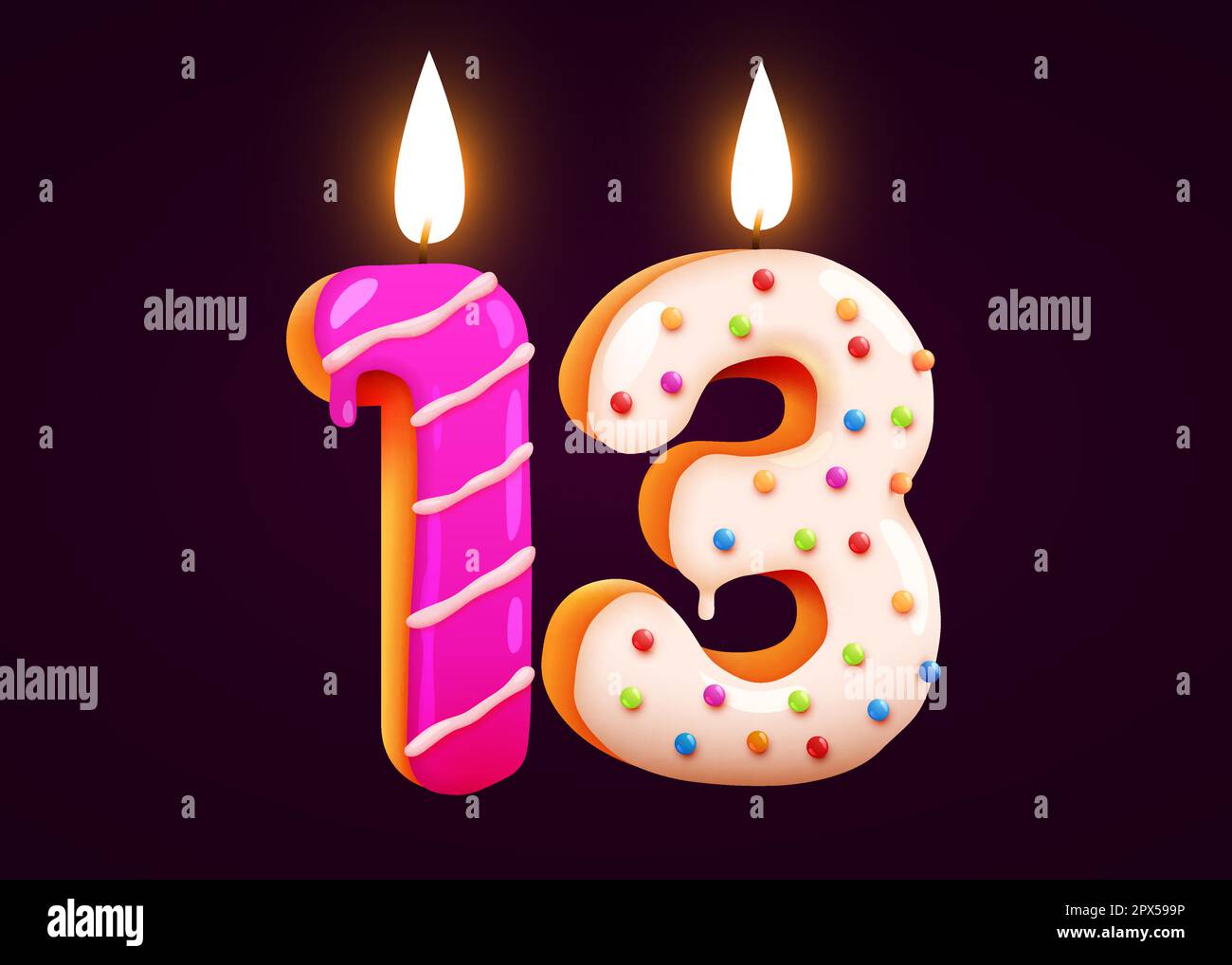 Birthday cake font number 13 with candle. One year anniversary. Tasty collection. Vector
