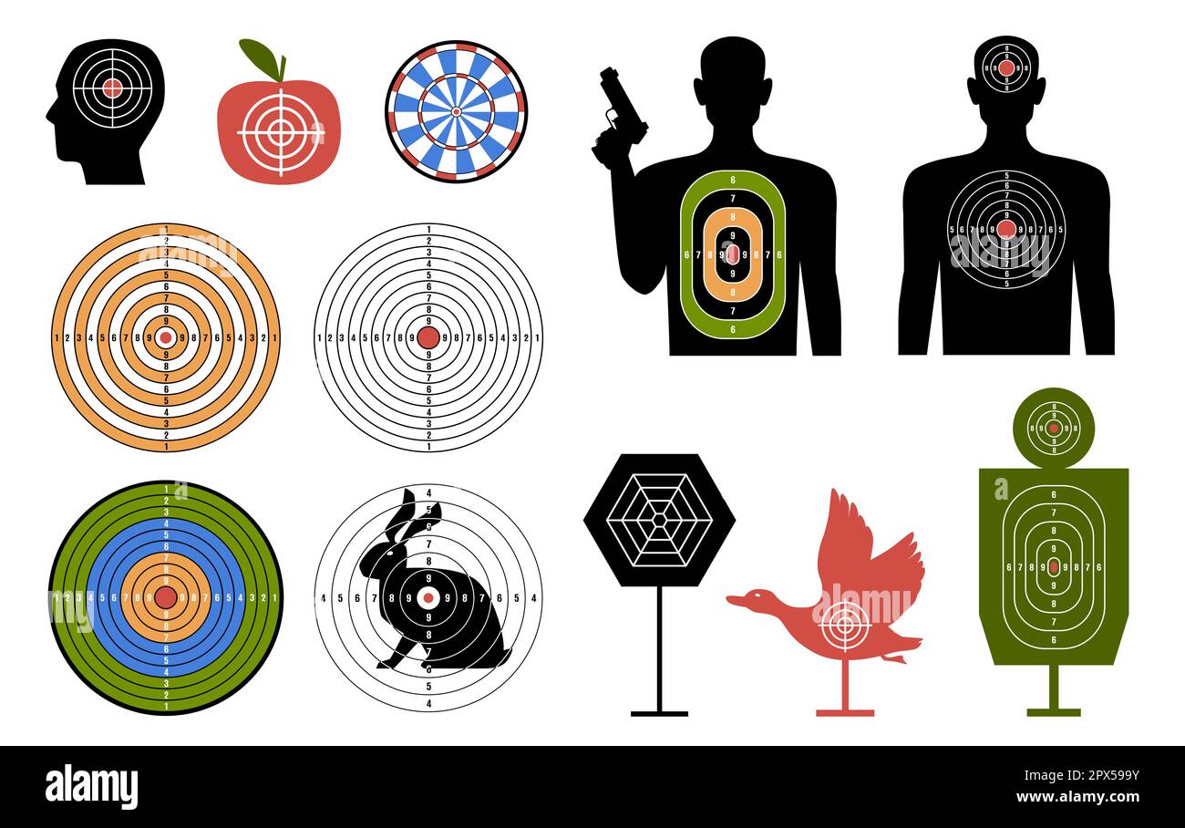 Shooting targets. Different shapes for targeted shooting in dash, birds, animals and humans silhouette, marking distance and points, pistol shoot or Stock Vector
