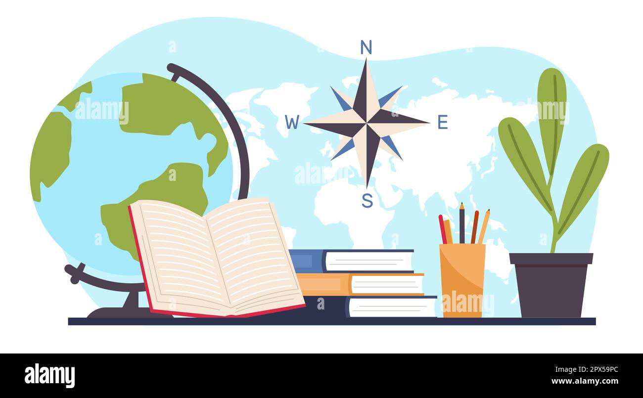 Geography school kit, globe and books, map and writing materials