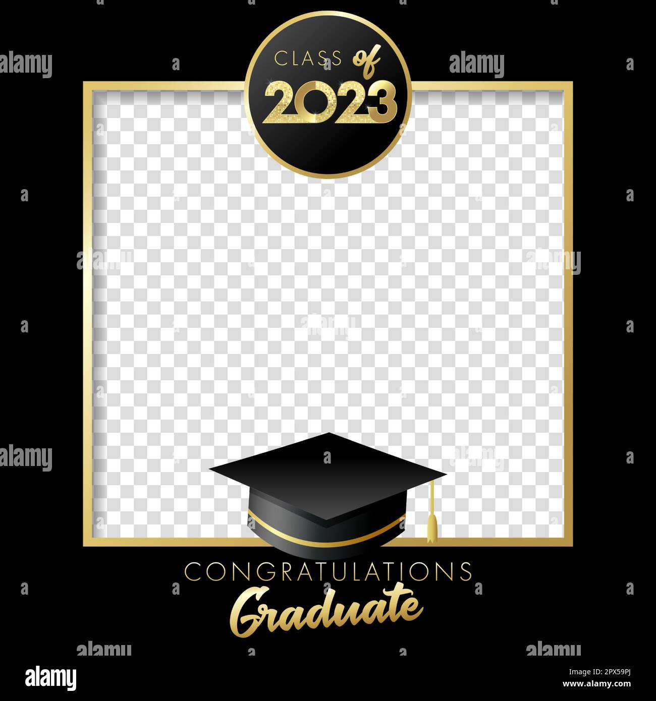 Class of 2023 - Graduation party photo frame for booth. 2023 Congratulation Graduate vector design with golden 3d numbers and graduation academic cap Stock Vector