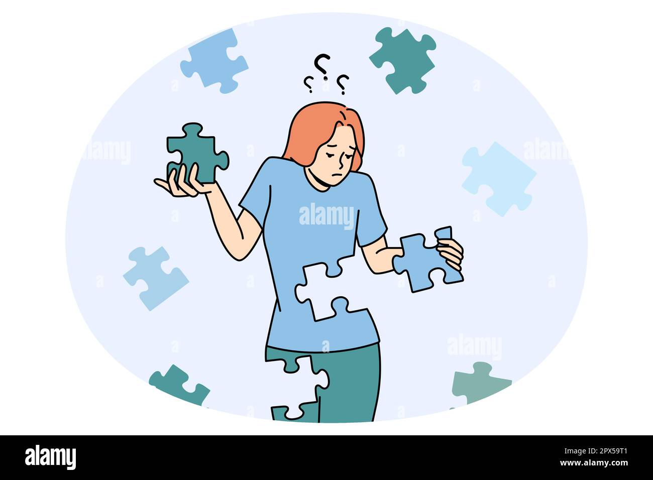 Confused young woman with jigsaw puzzles rebuild personality or