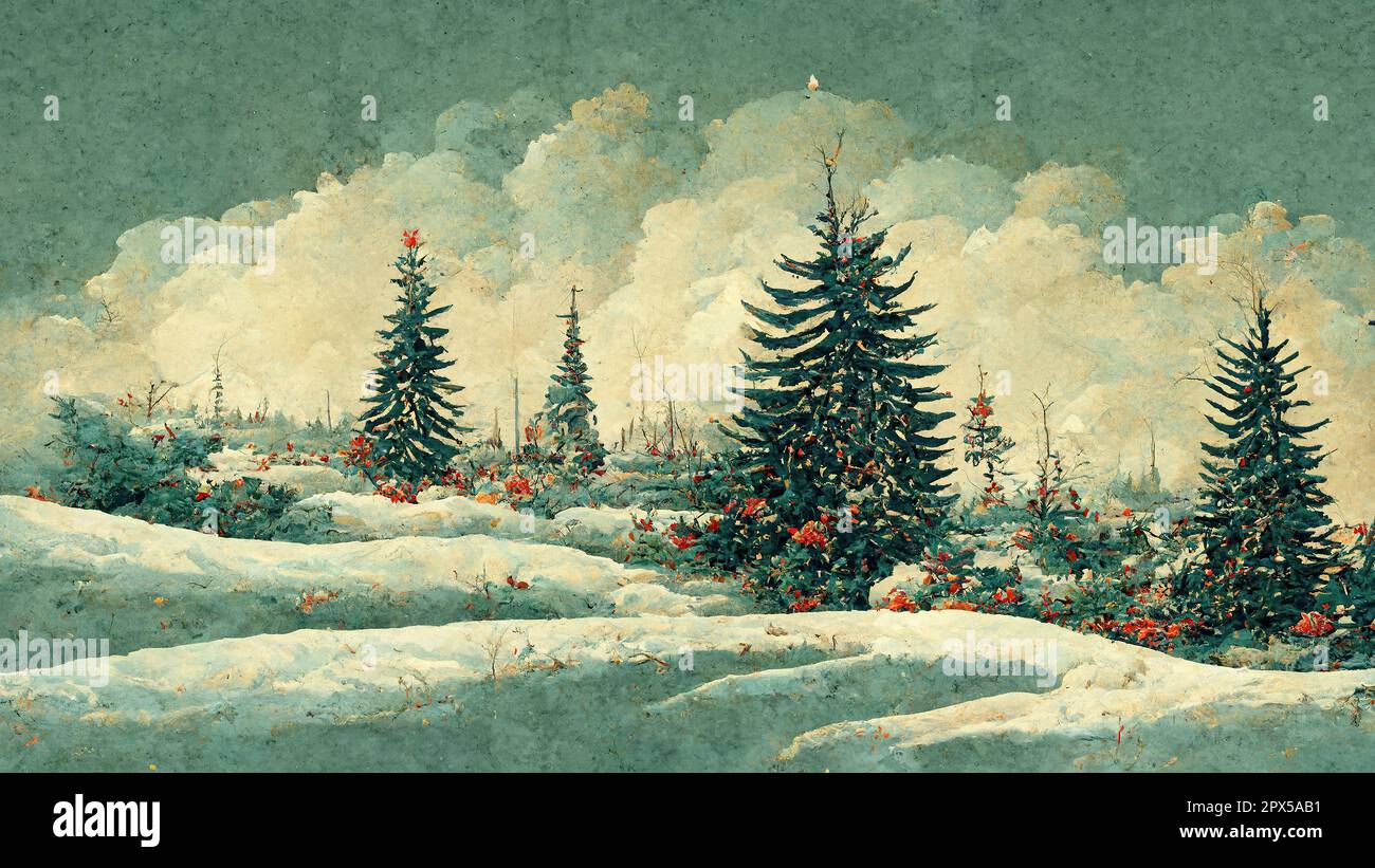 Retro christmas card with fir and snow landscape abstract digital art. Stock Photo