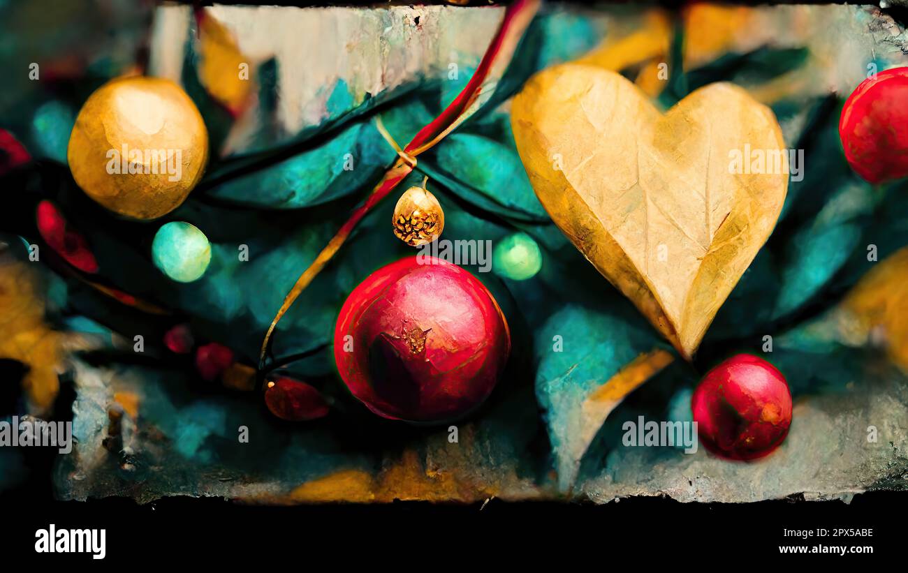 Conceptual romantic christmas theme with hearts created by Artificial Art. Stock Photo