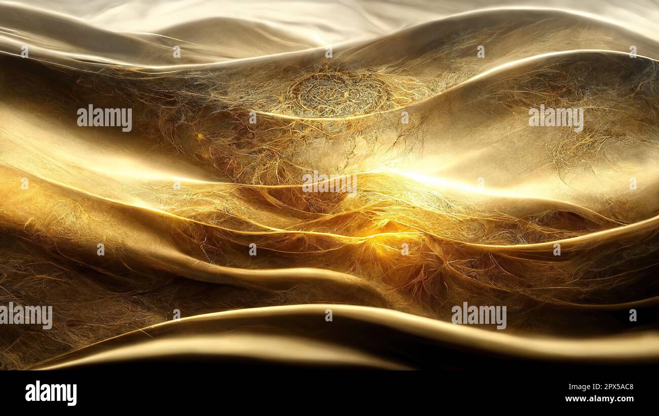 Abstract art fluid golden waves background full frame with bright lightning. Artificial Art. Stock Photo