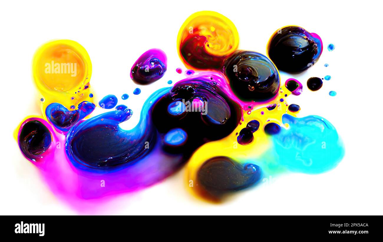 Colorful wet paint bubbles in horizontal banner on bright background. Artificial Art. Stock Photo
